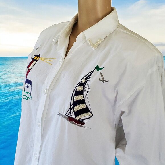 Jane Ashley Shirt Women's Medium White Nautical Embroidered Beaded Button-Down - Picture 11 of 12